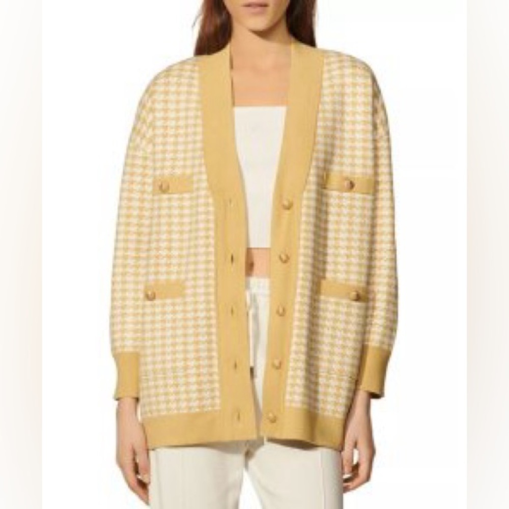 Sandro Yellow Dane Houndstooth Cardigan